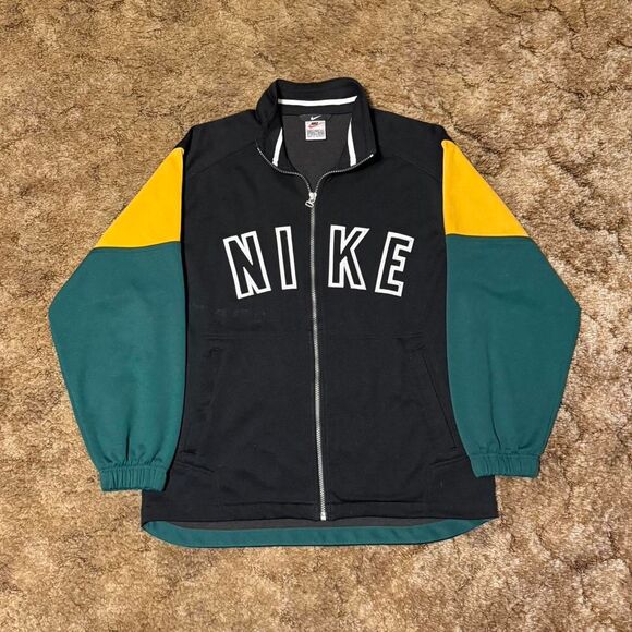 Vintage 90s Nike Spellout Logo Full Zip Up Jacket Green Yellow Black Small - Picture 1 of 8